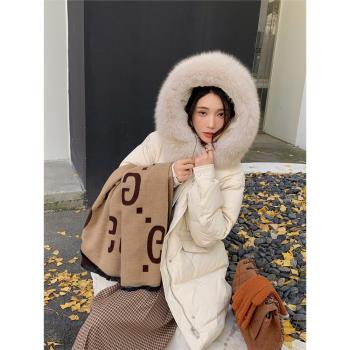2023秋冬季新款真狐貍毛領白色羽絨服女中長款收腰加厚白鴨絨外套