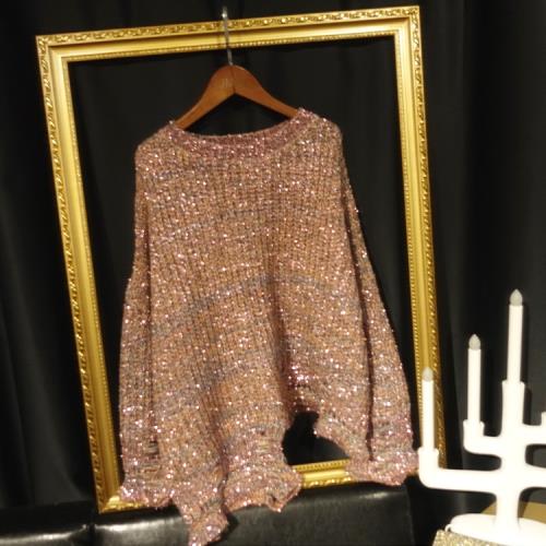 chic女神亮絲閃閃混色毛衣下擺不規則寬松破邊套頭上衣