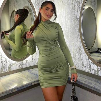 歐美風長袖修身連衣裙2023秋冬新款純色包臀短裙 sexy dress new