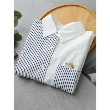 條紋拼接蕾絲襯衫長袖趣味卡通刺繡外貿出口韓國時尚甜酷減齡上衣