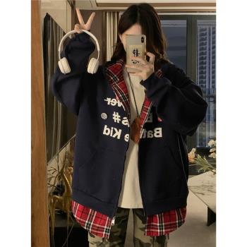 衛衣美式復古格子拼接開衫假兩件
