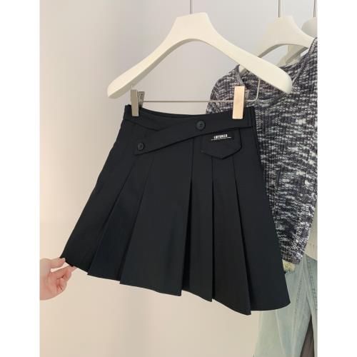 西裝百褶半身裙女2025秋季新款不規則斜扣氣質復古高腰美式短裙