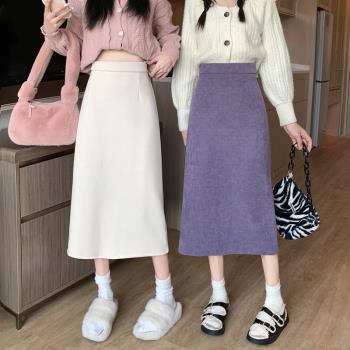 紫色加厚中長款開叉燈芯絨半身裙