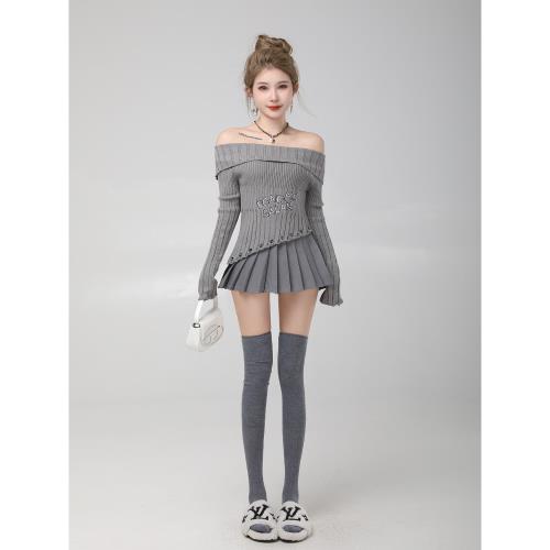 小P衣站辣妹性感一字肩不規則針織衫上衣女春秋修身收腰薄款毛衣