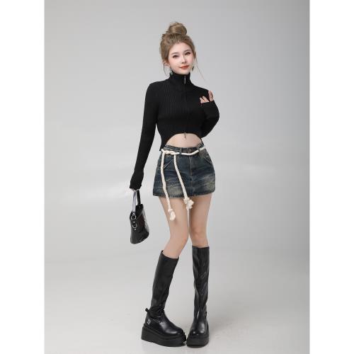 小P衣站辣妹性感短款露臍修身針織開衫小外套女春秋高領毛衣上衣