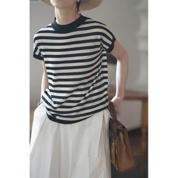 藍色條紋短袖T恤女夏季法式復古海軍風薄款冰絲針織海魂衫上衣女