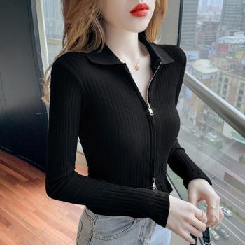 黑色polo領針織開衫外套女春秋設計感小眾雙拉鏈修身內搭短款上衣