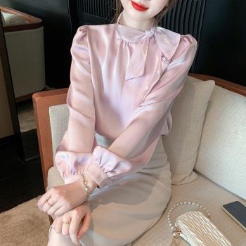 醋酸緞面襯衫女春裝時尚通勤OL職業裝法式襯衣垂感寬松長袖上衣潮