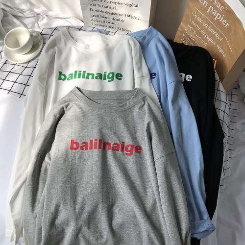 寬松圓領字母印花薄款長袖T恤女ins韓版初秋百搭顯瘦中長款上衣