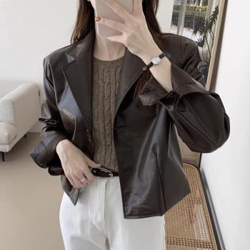 韓國秋季復古小眾西裝領系扣百搭寬松短款PU皮衣長袖機車服外套女