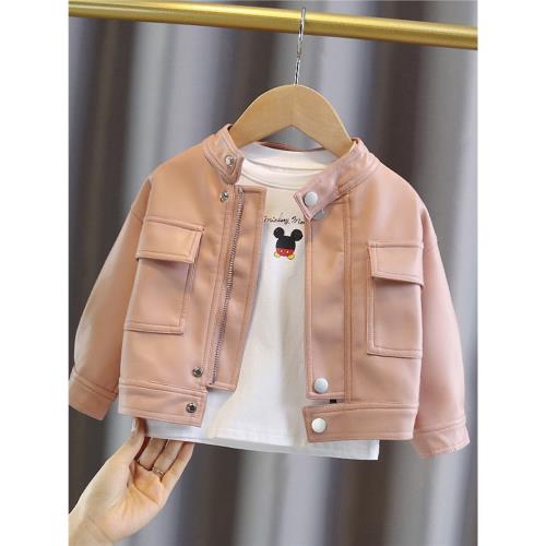 女.童純色皮衣外套2025春秋新款兒1童百搭秋裝女寶寶韓版夾克開衫