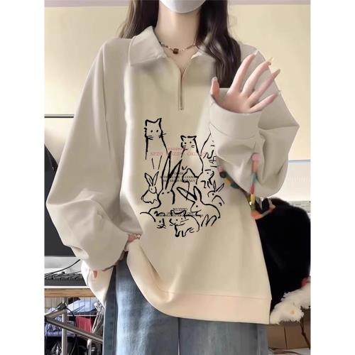 美式復古衛衣女春秋新款寬松慵懶風Polo領長袖上衣情侶設計感小眾