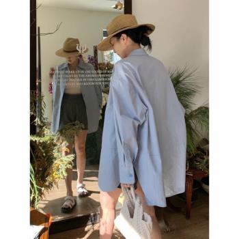 polo藍色夏季寬松遮屁股防曬襯衫