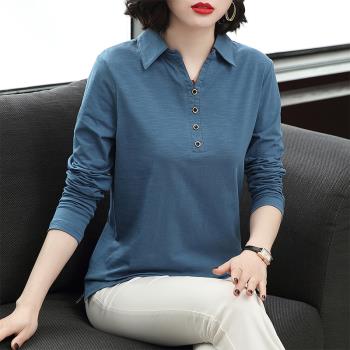 長袖t恤女裝春春季2025年新款純棉大碼中年媽媽打底polo衫上衣服