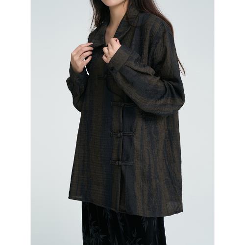 陸與山嶼新中式美拉德小衫秋風水墨盤扣襯衫女士百搭襯衣黑色上衣