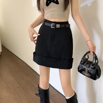 紐扣a字半身裙女秋季大碼黑色高腰顯瘦氣質短裙子美式高階西裝裙