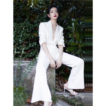 高階感炸街白色西裝套裝女春夏秋新款職業裝薄款西服闊腿褲兩件套