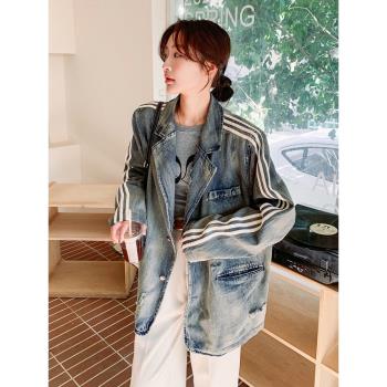 三條槓西裝牛仔外套女春裝2024年秋冬新款獨特超好看水洗牛仔衣潮
