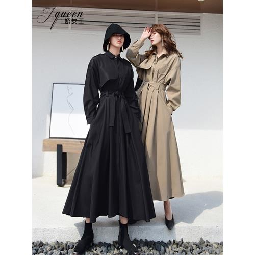 氣質風衣女中長款過膝秋季新款氣質英倫時尚系帶收腰寬松大衣外套