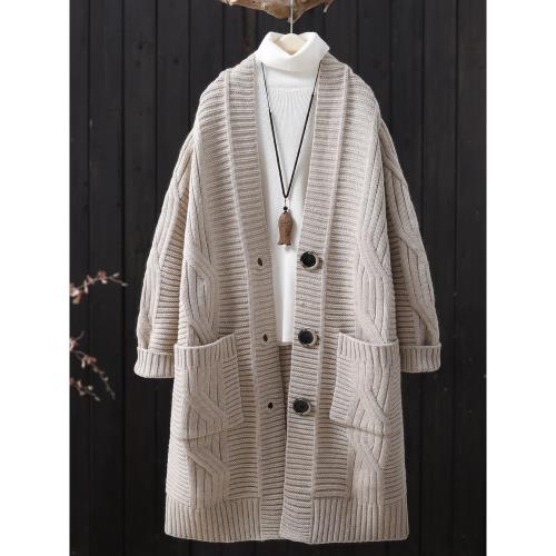 復古文藝中長款加厚針織衫女冬季2024年新品純色毛衣開衫女裝外套