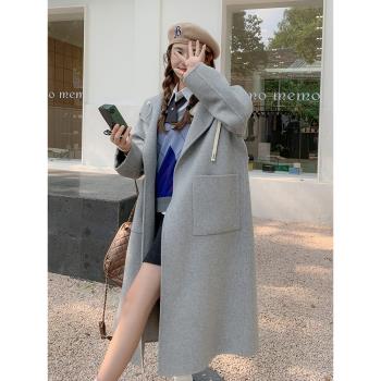灰色連帽雙面羊絨大衣女2023年新款秋冬季中長款韓系高階毛呢外套