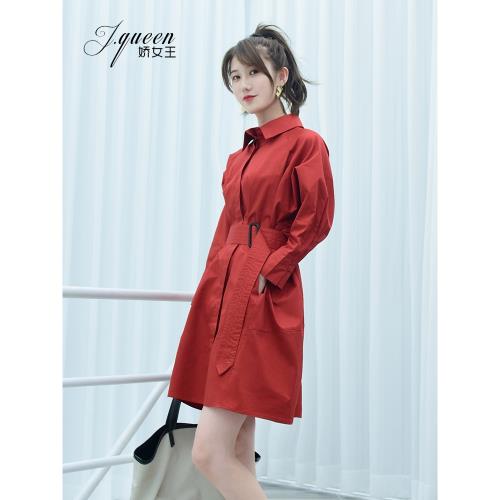 襯衫連衣裙女秋季新款韓版港味小眾設計感系帶收腰中長款襯衣裙子