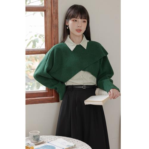 設計感小眾毛衣女外穿2025秋季新款森系綠色復古短款罩衫針織上衣