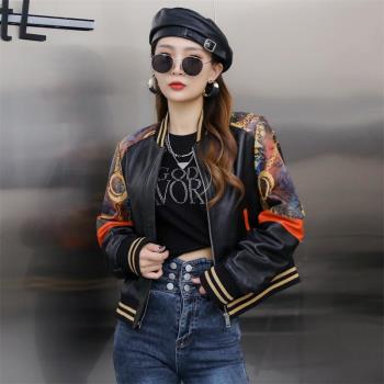 真皮皮衣女2023秋季新款棒球服綿羊皮黑色長袖上衣立領修身短外套