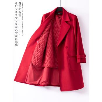 紅色呢子大衣女秋冬季2024新款加厚夾棉小個子中長款西裝毛呢外套