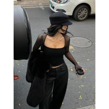拼接長袖女秋修身氣質上衣網紗