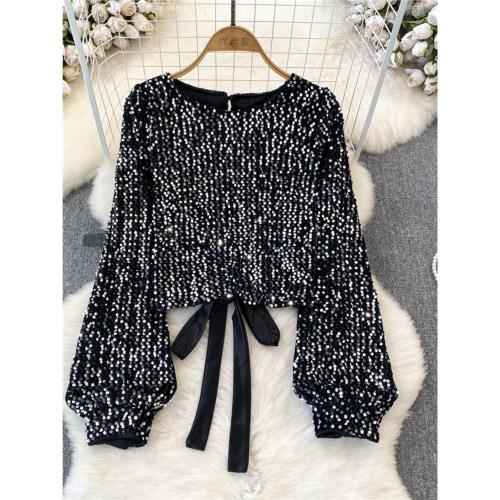 秋冬歐美時尚重工亮片絲絨圓領露背蝴蝶結系帶T恤女休閑洋氣上衣