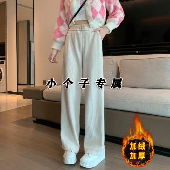米白色雪尼爾闊腿褲女秋冬150小個子高腰直筒加絨燈芯絨褲子145xs