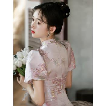 粉色短款訂婚禮服夏季中國風旗袍