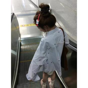 chic藍色春秋薄款寬松長袖襯衫