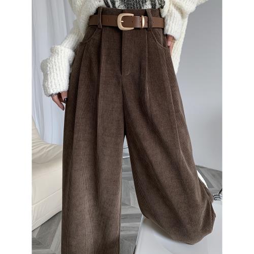 咖啡色燈芯絨褲子女秋冬季2025新款高腰寬松窄版直筒雪尼爾闊腿褲