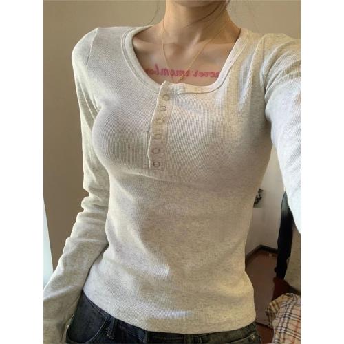 設計感U領長袖上衣女秋季新款低領修身顯瘦內搭T恤螺紋正肩打底衫