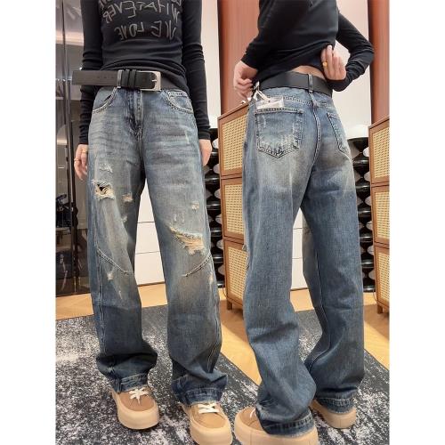 大碼彎刀闊腿牛仔褲女秋冬2025新款胖mm顯瘦破洞直筒梨型身材褲子