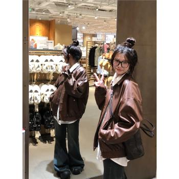 外套女棕色春秋款PU ins皮衣