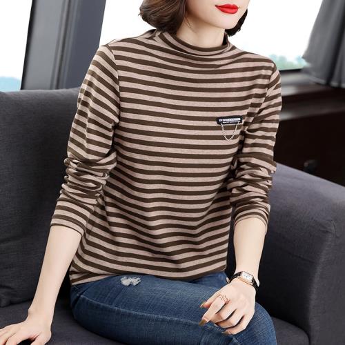 媽媽裝春秋裝長袖條紋t恤內搭純棉上衣寬松洋氣小衫半高領打底衫