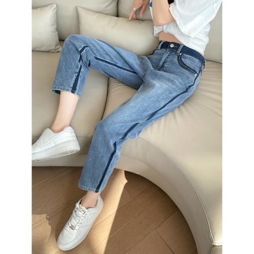 撞色牛仔褲女2025年新款春秋薄款高腰直筒寬松九分小個子老爹褲子