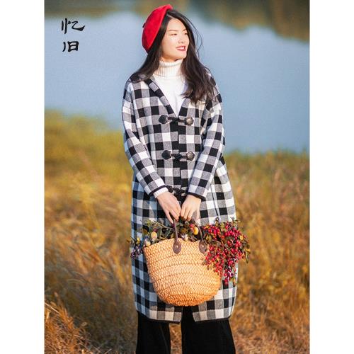 【99元區】牛角扣大衣女2024春秋季新款千鳥格外套長款格子風衣