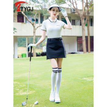 高爾夫服裝 女士短袖T恤POLO衫透氣修身拼接針織拉鏈運動上衣球服