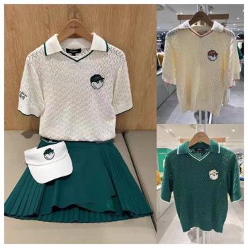 韓國高階高爾夫球服24年新款針織衫女短袖翻領毛衣上衣運動polo衫
