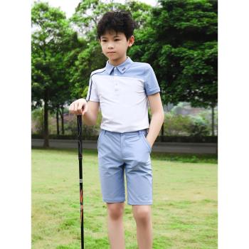ZG6夏季高爾夫童裝男兒童球服套裝翻領短袖T恤親子淺藍色中長褲子