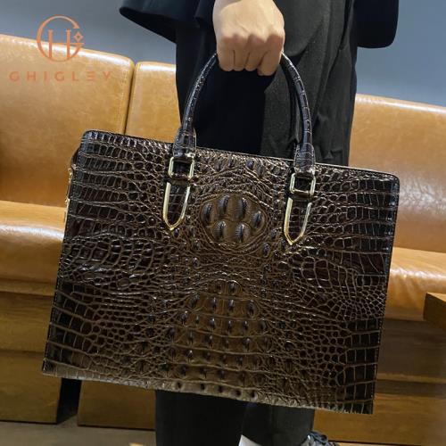 (免運)2024新款手提包男奢侈品牌簡約真皮商務出差鱷魚皮男包男士公文包