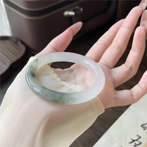 (免運)純天然冰種天山翠寶石光半山水手鐲金絲玉石鐲子不知春扁條翡翠