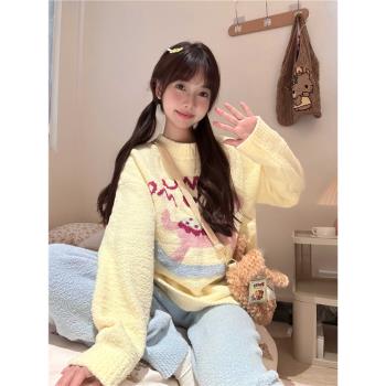 可愛木馬加厚秋冬季新款半邊絨家居服加絨保暖套裝珊瑚絨少女睡衣