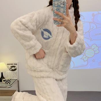 2022年新款冬季睡衣女加絨加厚珊瑚絨可外穿法蘭絨保暖家居服套裝