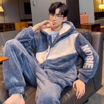 2021年新款珊瑚絨睡衣青年男士加絨加厚春秋冬季法蘭絨家居服套裝