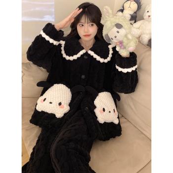 2024新款睡衣女珊瑚絨秋冬季卡通加厚法蘭絨冬天可外穿家居服套裝